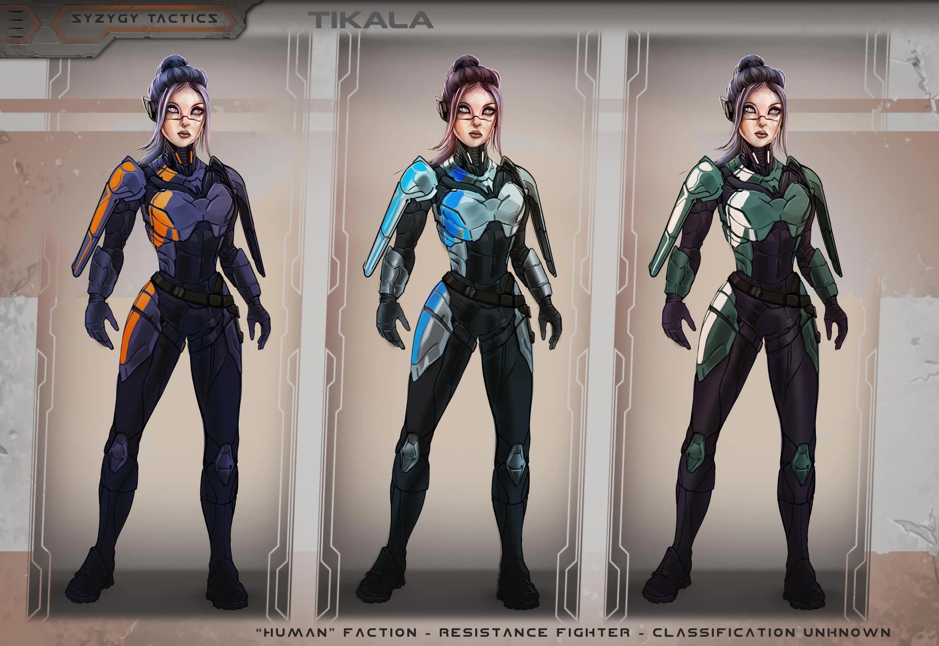 Character model sheet — three armor color variants