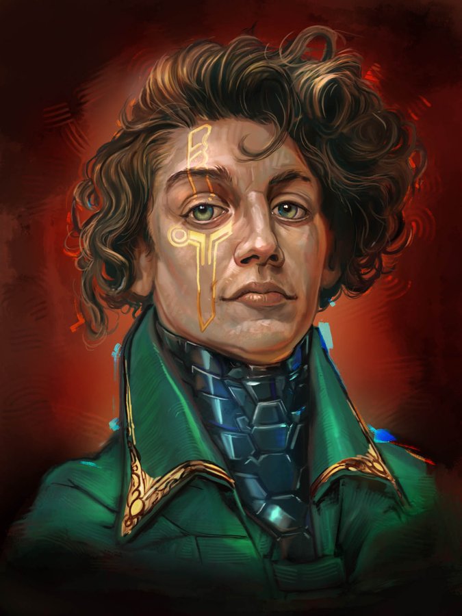 Painterly sci-fi portrait of a curly-haired man with gold facial circuitry