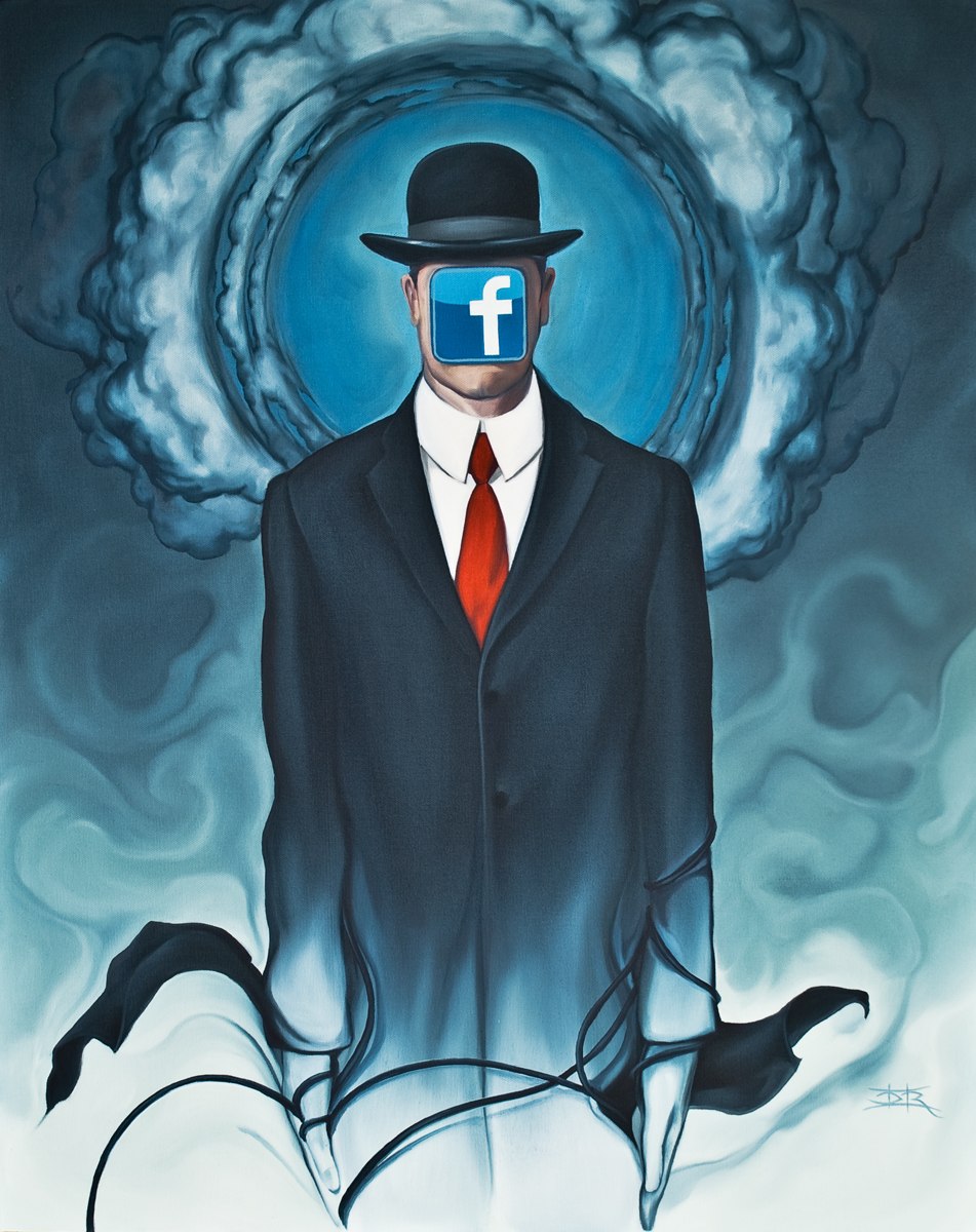 Surrealist oil painting after Magritte: a suited figure in a bowler hat, face obscured by a social media logo