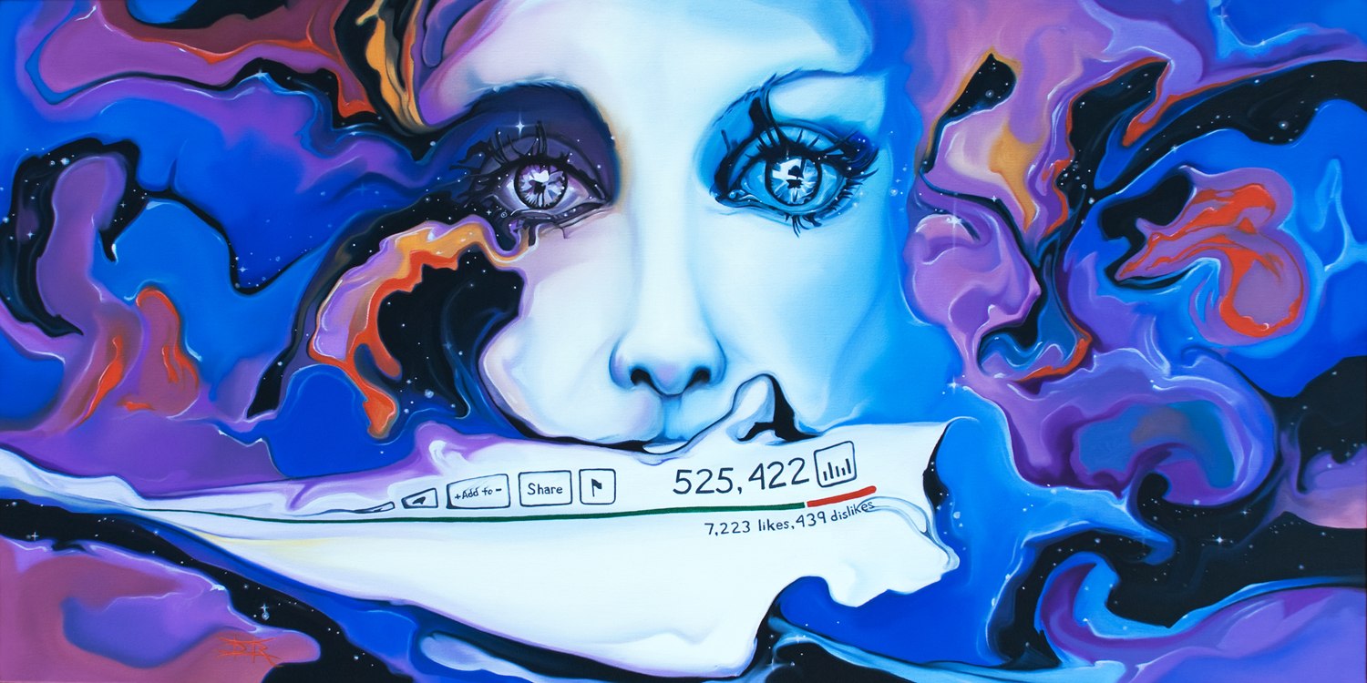 Surrealist oil painting of a face emerging from swirling color, a video view counter held in its mouth