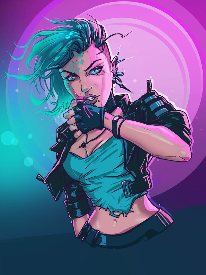 Neon-lit comic-style punk character with teal hair