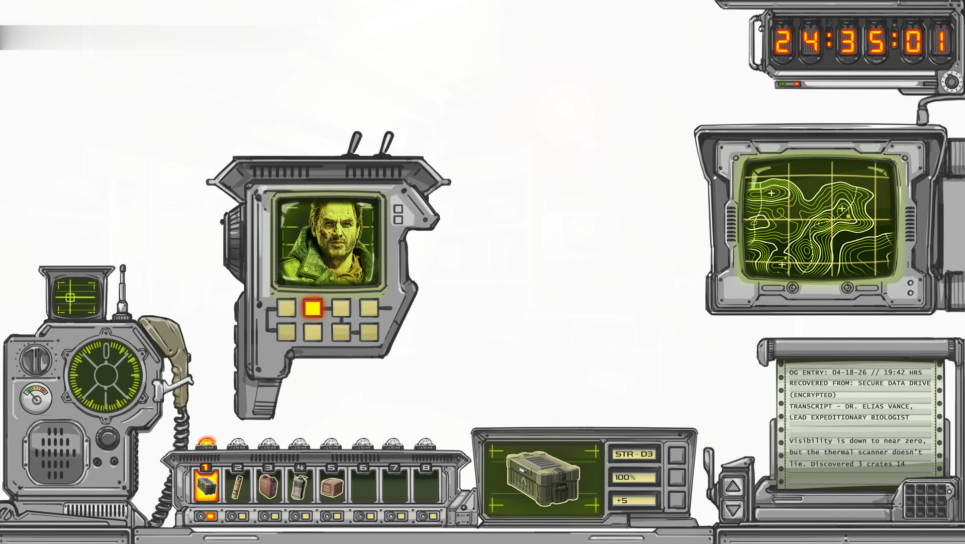 Diegetic retro-military interface concept with CRT map, inventory rail, and communicator