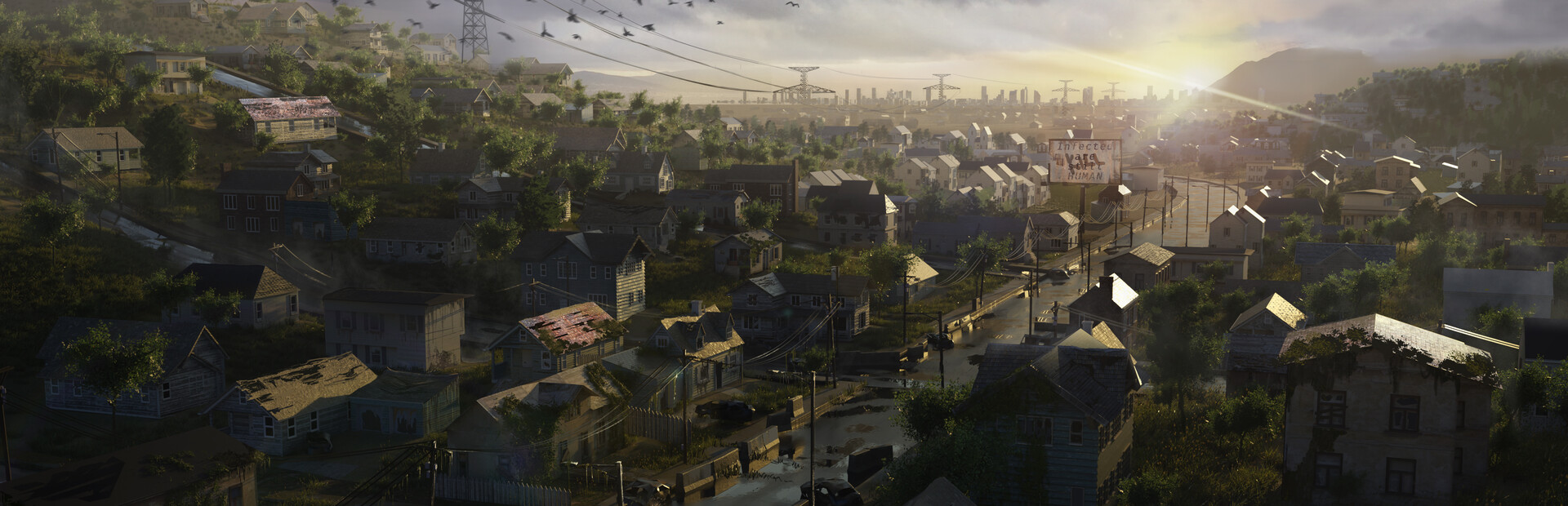 Infection Free Zone key art: an overgrown post-outbreak town at sunrise