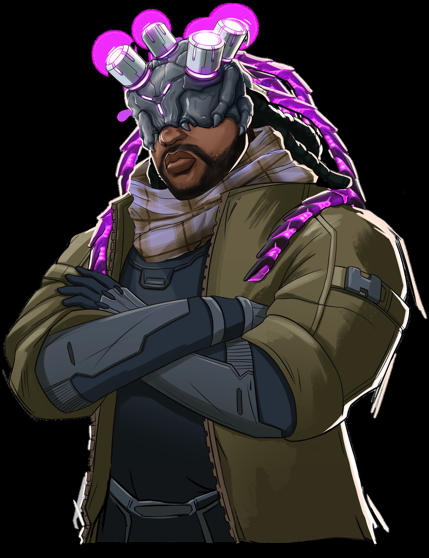 Character bust: augmented man with luminous headgear and layered coat