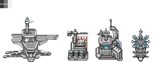 Set of four pixel-art structure sprites