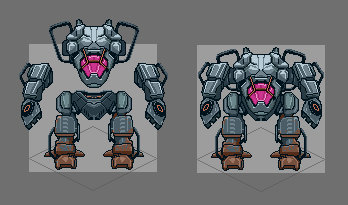 Armored mech walker sprite built from modular pieces with swappable legs, arms, and chassis