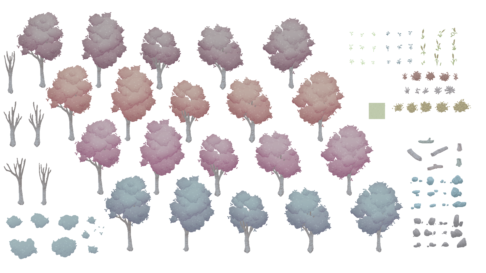 Pastel pixel-art nature set: trees in four color registers, bushes, rocks, grasses, and deadfall