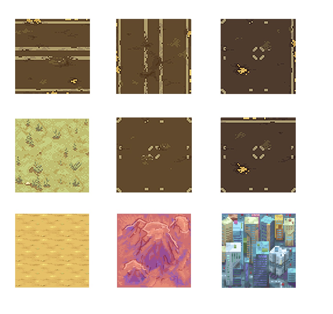 Grid of pixel-art terrain tiles: metal flooring, grass, desert, mountains, and a city skyline