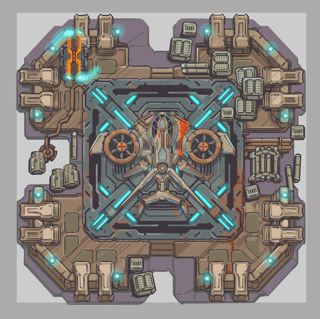 Top-down landing platform with VTOL gunship