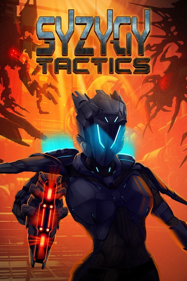 SYZYGY Tactics vertical Steam store capsule: armored figure with glowing weapon against orange key art