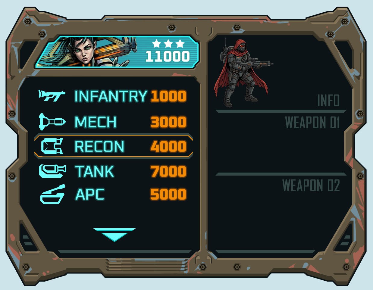 Production build-menu panel: unit roster with costs, weapon readouts, and commander portrait