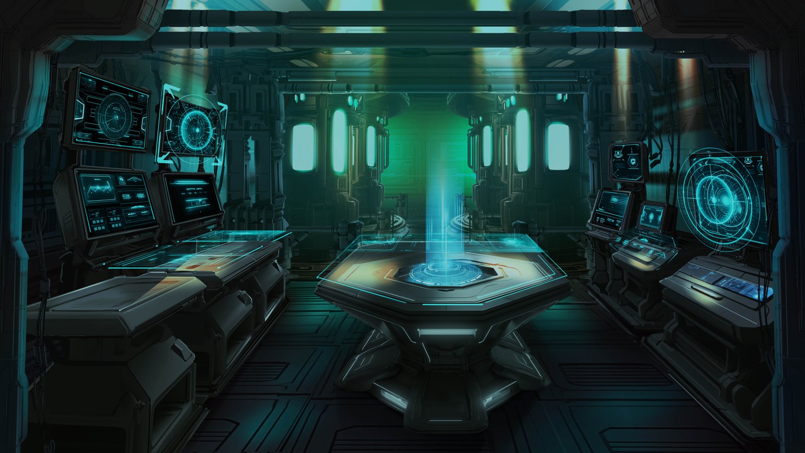 Painted sci-fi interior: a briefing room lit by a central holographic table