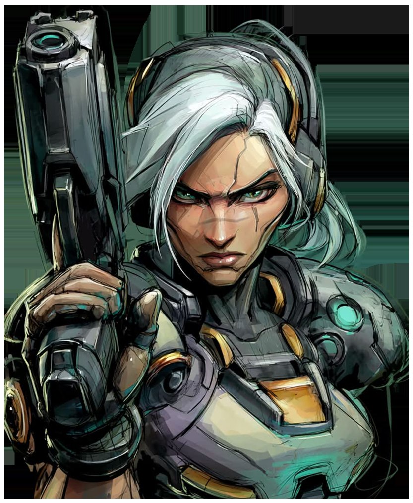 Painterly character screen: white-haired soldier with a heavy rifle
