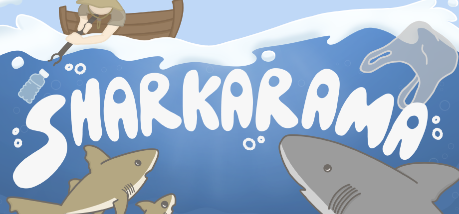 Sharkarama key art showing sharks swimming around a fisherman in a rowboat